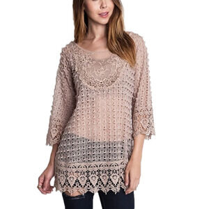 Umgee USA Womens Size Medium Lace Knit Crochet Tunic Top Color Mocha